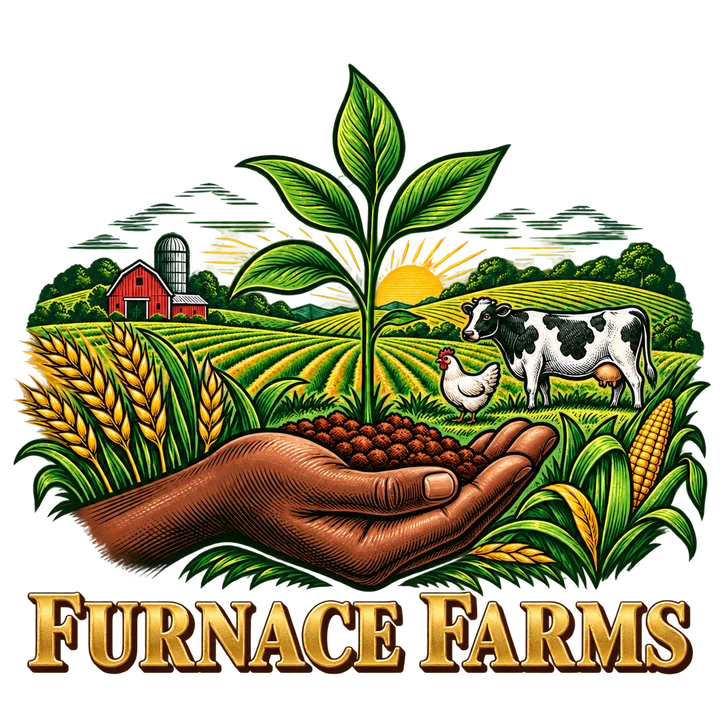 Furnace Farms logo: a brown hand holds soil and a young green plant. Wheat, corn, a red barn, a cow, and a chicken surround it. Gold letters read Furnace Farms.